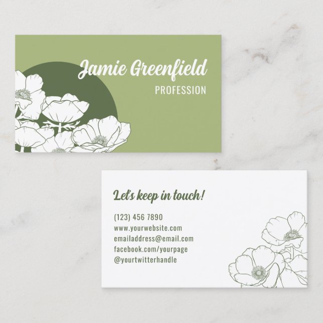 Olive Green White Anemones Line Art Business Card (Front/Back)