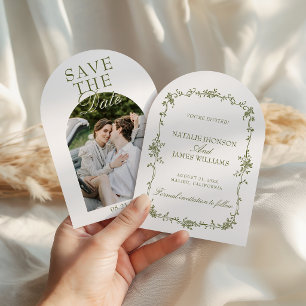 Olive Green White Floral Old Photo Arched Wedding Save The Date