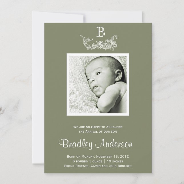 Olive Green White Frame Monogram Baby Announcement (Front)