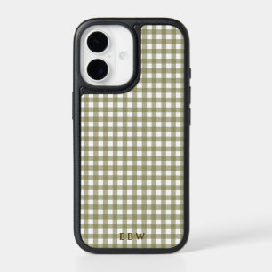 Olive Green White Gingham Check Preppy Monogram iPhone 17 Case