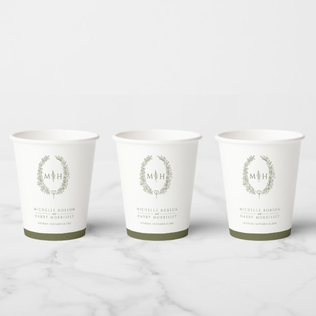 Olive green white hand drawn leaf monogram wedding paper cups (Multi)