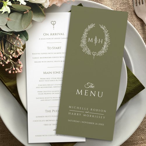 Olive green white leaf oval monogram wedding menu