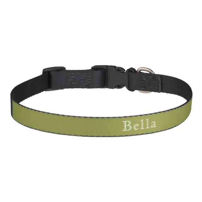 Olive Green White Lettering Custom Name Minimalist Pet Collar (Front)