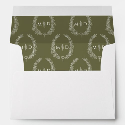 olive green white monogram wreath wedding envelope