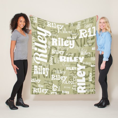 Olive Green White Name Pattern Personalized Fleece Blanket