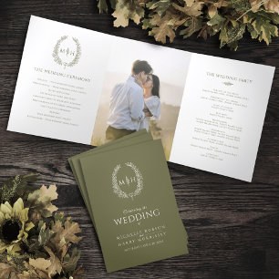 Olive green white oval leaf monogram wedding photo Tri-Fold program
