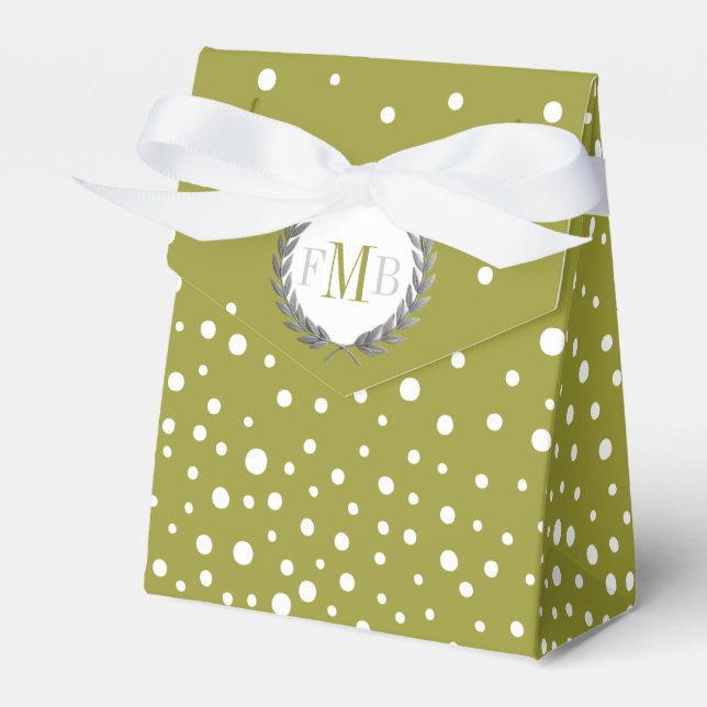 Olive green, white polka dot pattern wedding fav favor boxes (Front Side)