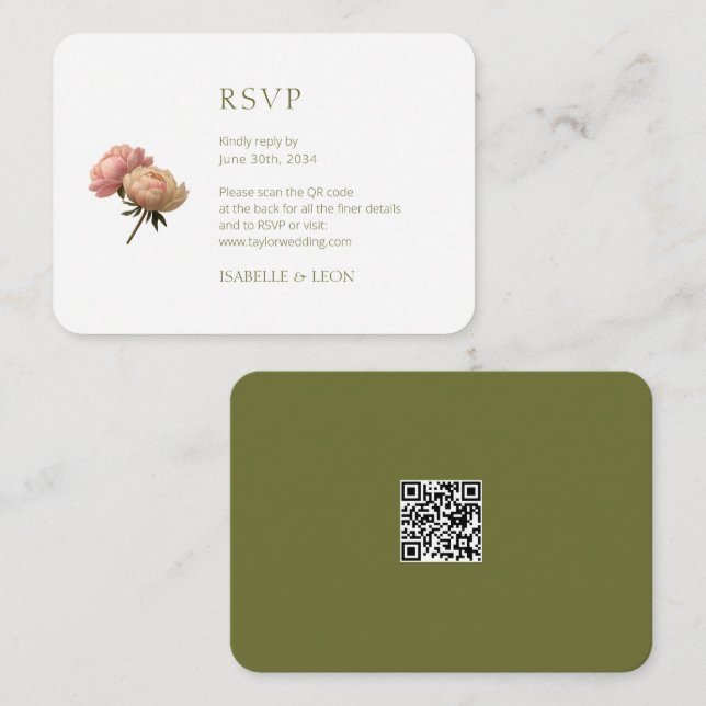 Olive Green & White Rose QR Code Wedding Enclosure Card (Front/Back)