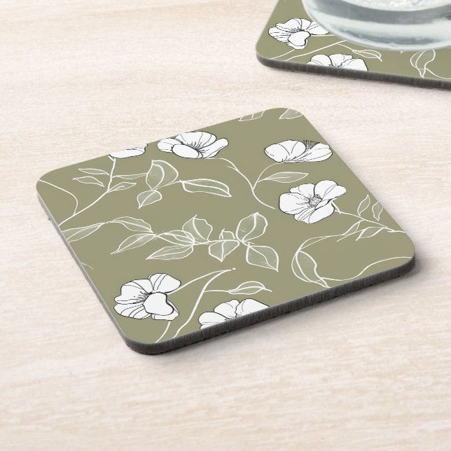 Olive green white simple line art  beverage coaster (Left Side)