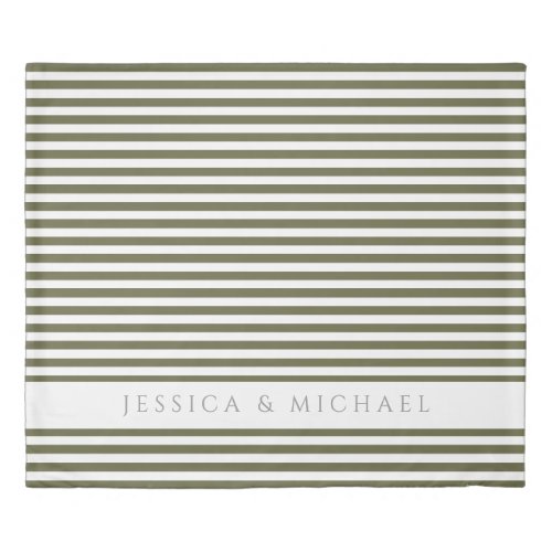 Olive Green  White Striped Pattern Name Duvet Cover