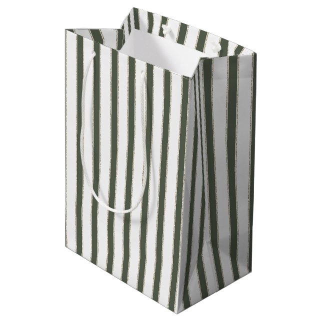 Olive Green White Stripes Christmas Medium Gift Bag (Back Angled)