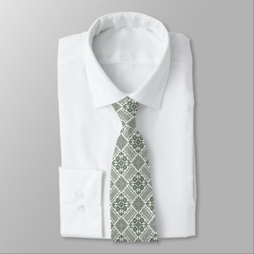 Olive Green  White Tatreez Henna Thobe Pattern Neck Tie