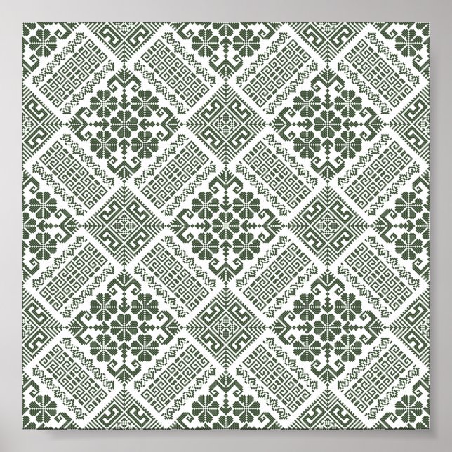 Olive Green & White Tatreez Henna Thobe Pattern Poster (Front)