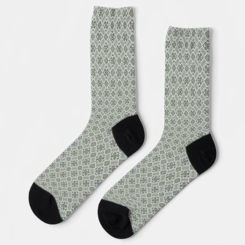 Olive Green  White Tatreez Henna Thobe Pattern Socks