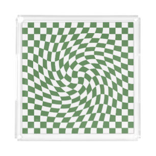 Olive Green & White Warped Checkered Pattern Acrylic Tray
