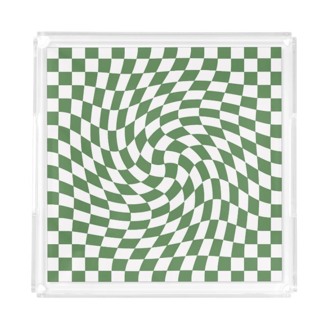 Olive Green & White Warped Checkered Pattern    Acrylic Tray (Front)