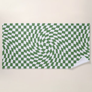 Olive Green & White Warped Checkered Pattern Beach Towel