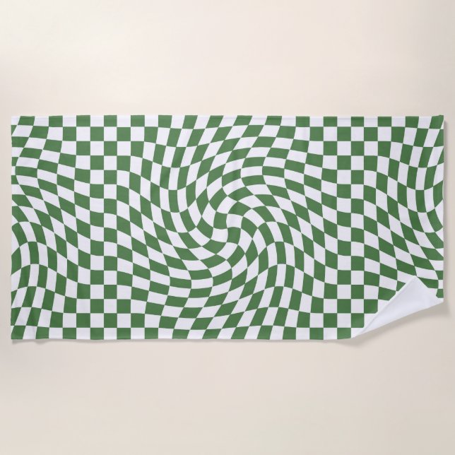 Olive Green & White Warped Checkered Pattern    Beach Towel (Front)