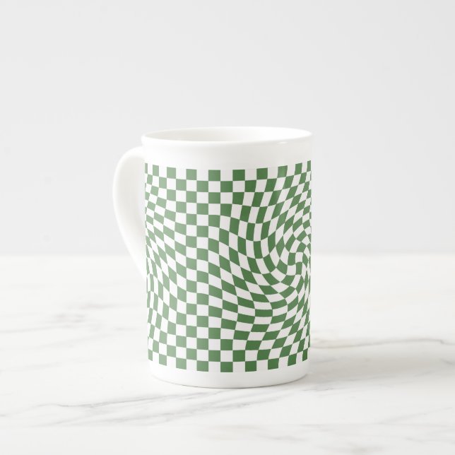 Olive Green & White Warped Checkered Pattern    Bone China Mug (Front Left)
