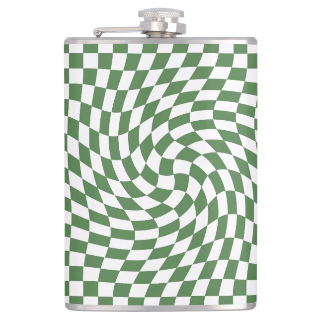Olive Green & White Warped Checkered Pattern    Flask (Front)