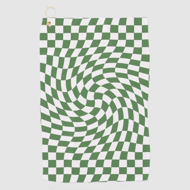Olive Green & White Warped Checkered Pattern    Golf Towel (Front)