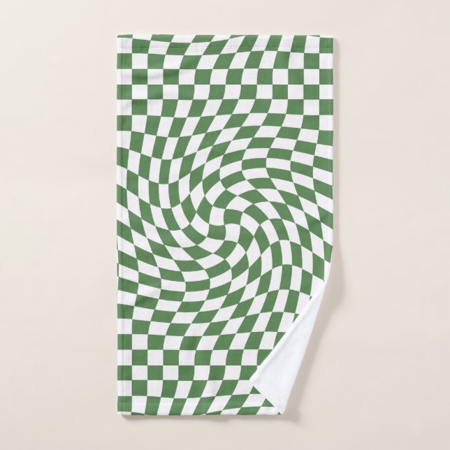 Olive Green & White Warped Checkered Pattern    Hand Towel (Hand Towel)