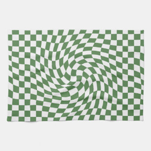 Olive Green & White Warped Checkered Pattern    Kitchen Towel