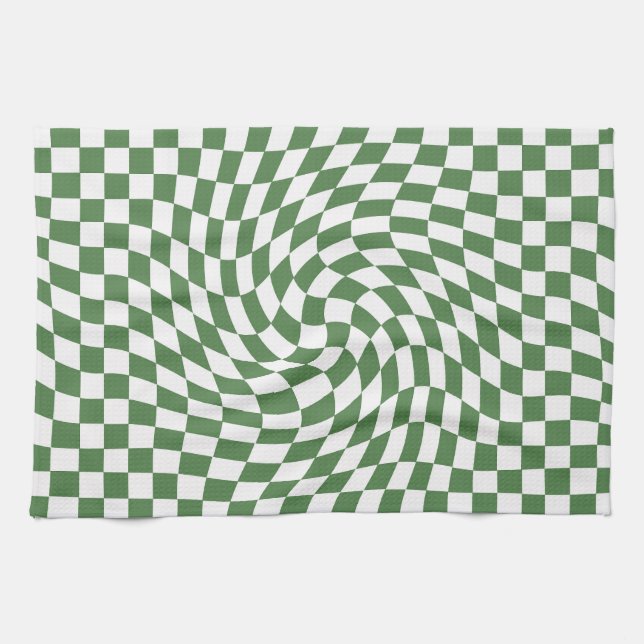 Olive Green & White Warped Checkered Pattern    Kitchen Towel (Horizontal)