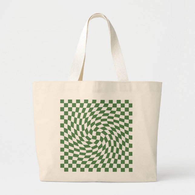 Olive Green & White Warped Checkered Pattern    Large Tote Bag (Front)