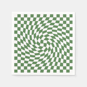 Olive Green & White Warped Checkered Pattern Napkins