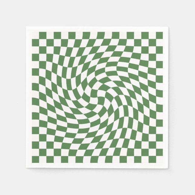 Olive Green & White Warped Checkered Pattern    Napkins (Front)