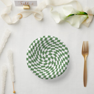 Olive Green & White Warped Checkered Pattern Paper Bowls