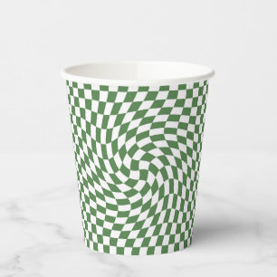 Olive Green & White Warped Checkered Pattern    Paper Cups