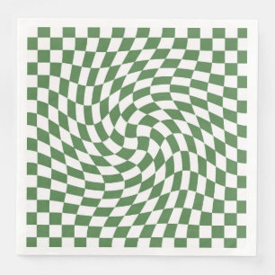 Olive Green & White Warped Checkered Pattern Paper Dinner Napkins
