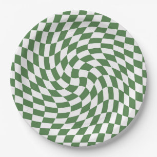 Olive Green & White Warped Checkered Pattern    Paper Plates