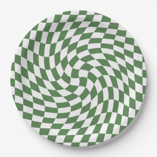 Olive Green  White Warped Checkered Pattern    Paper Plates