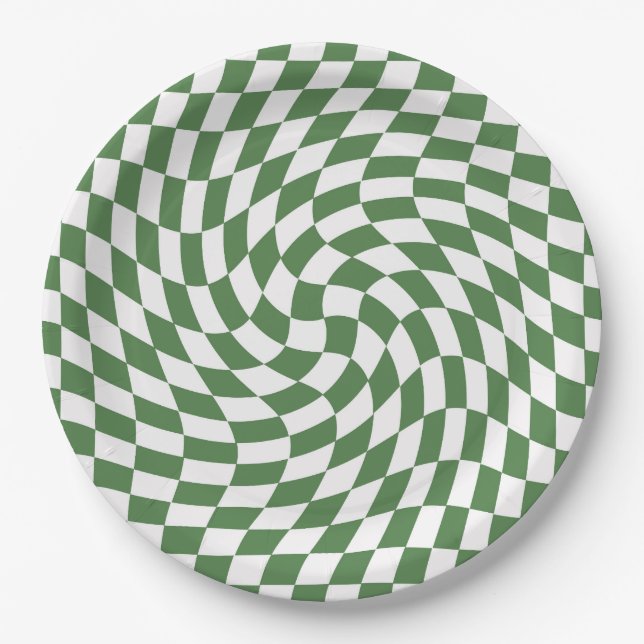 Olive Green & White Warped Checkered Pattern    Paper Plates (Front)
