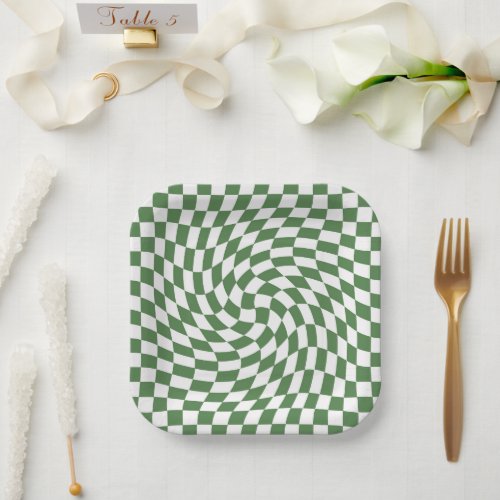 Olive Green  White Warped Checkered Pattern    Paper Plates