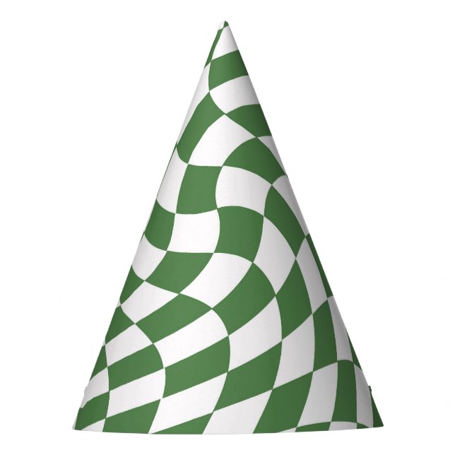 Olive Green & White Warped Checkered Pattern    Party Hat (Front)