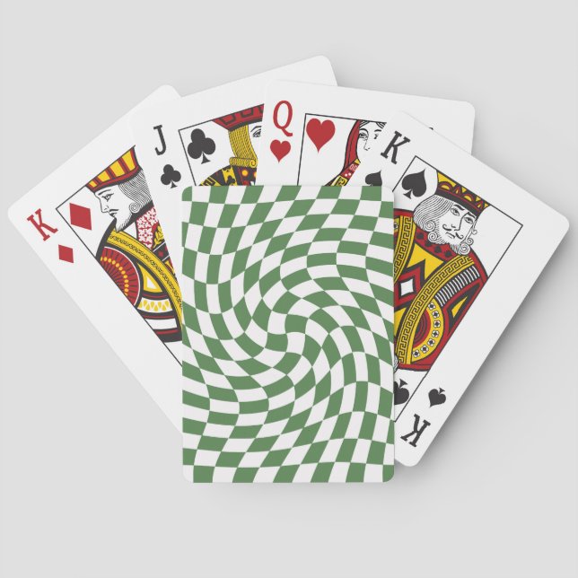 Olive Green & White Warped Checkered Pattern    Poker Cards (Back)