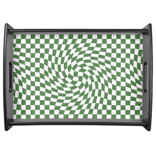 Olive Green  White Warped Checkered Pattern    Serving Tray