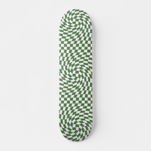Olive Green  White Warped Checkered Pattern    Skateboard