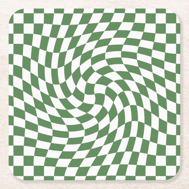 Olive Green & White Warped Checkered Pattern    Square Paper Coaster (Front)