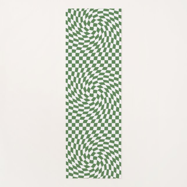 Olive Green & White Warped Checkered Pattern    Yoga Mat (Front)