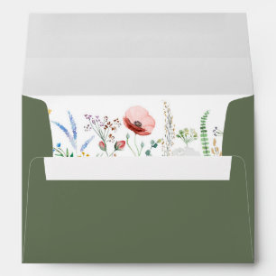 Olive Green Wildflower Meadow Printed Wedding  Envelope
