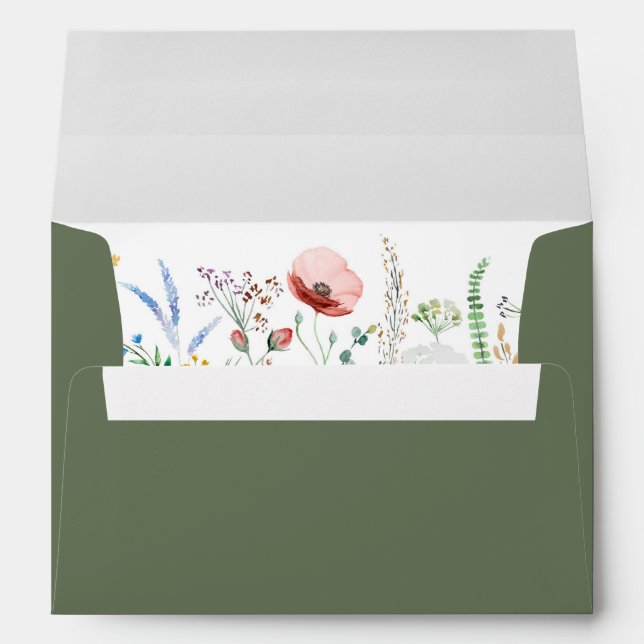 Olive Green Wildflower Meadow Printed Wedding  Envelope (Back (Bottom))