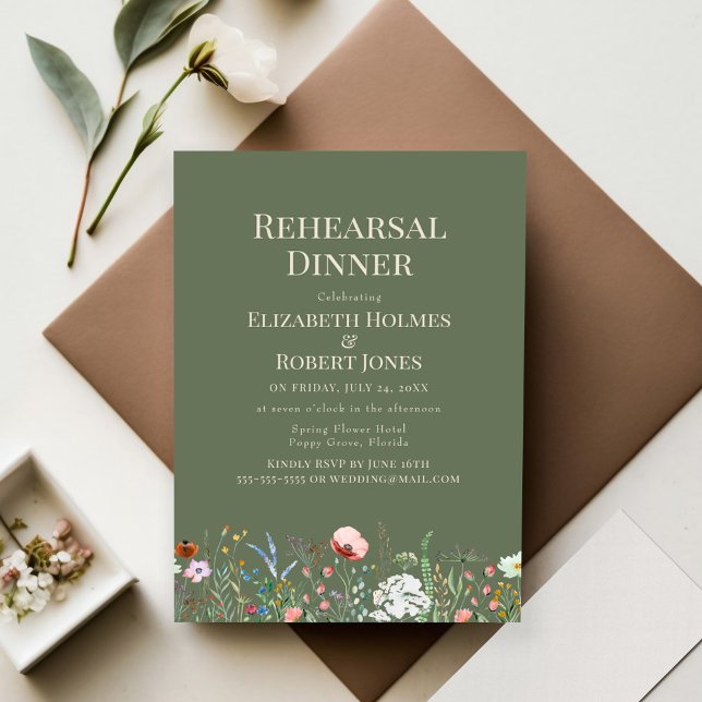 Olive Green Wildflower Meadow Rehearsal Dinner Invitation (Sage Green Watercolor Wildflower Rehearsal Dinner Invitation on wedding table.)