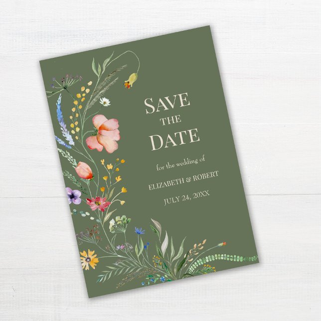 Olive Green Wildflower Meadow Save the Date Card (Sage Green Boho Wildflowers Save The Date Card on white wooden table.)