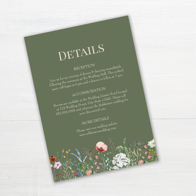 Olive Green Wildflower Meadow Wedding Details Card (Sage Green Wildflowers Wedding Details Card on white wooden table.)