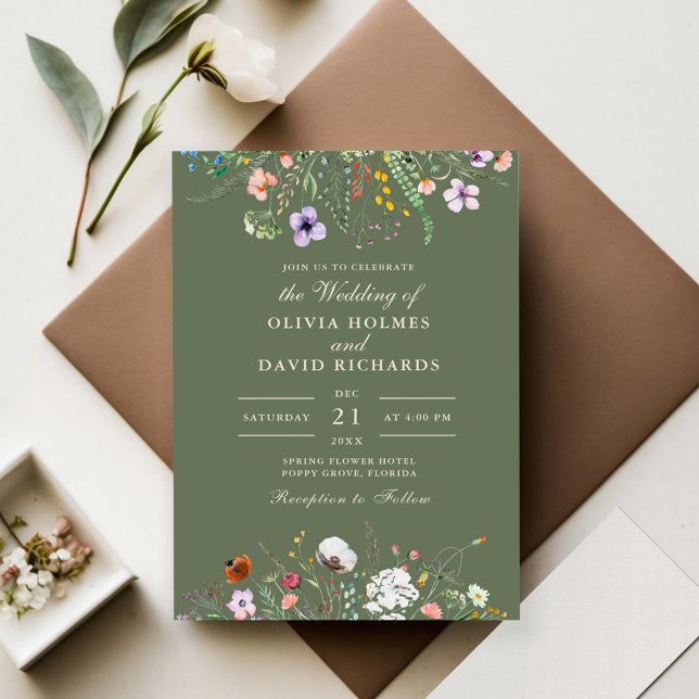 Olive Green Wildflower Meadow Wedding Invitation (Sage Green Watercolor Wildflower Meadow Wedding Invitation on wedding table)